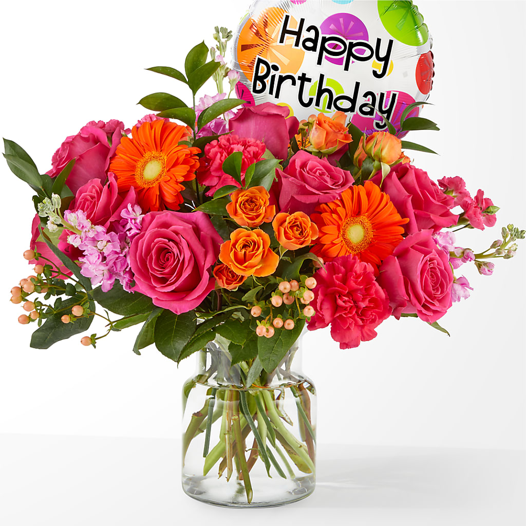 Fiesta Bouquet with Birthday Balloon – Sammy Wammy Floral, Montgomery IL