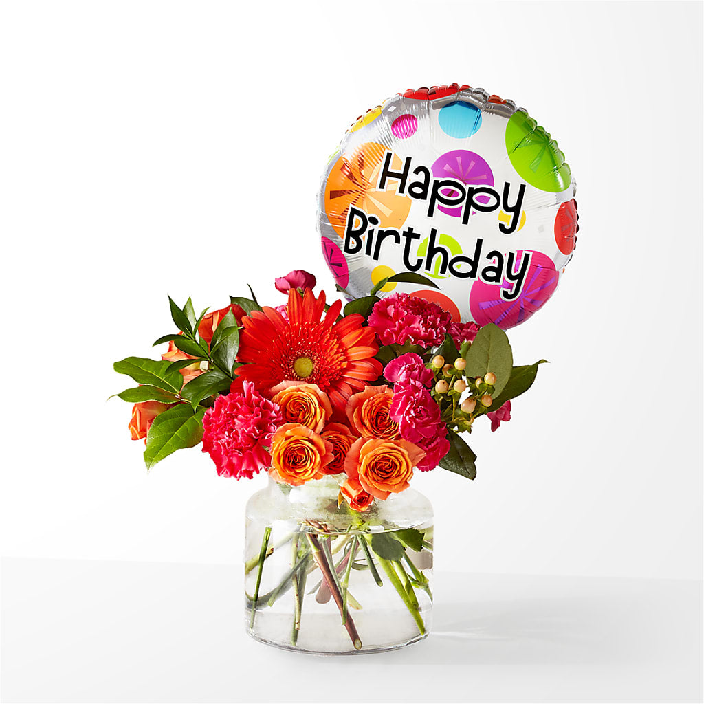 Fiesta Bouquet with Birthday Balloon – Sammy Wammy Floral, Montgomery IL