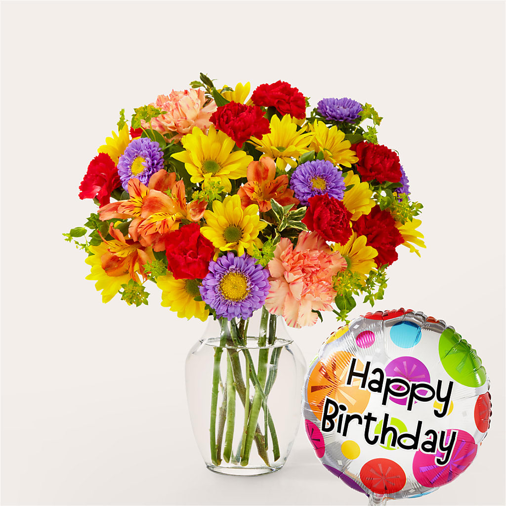 Kaleidoscope Bouquet with Birthday Balloon – Sammy Wammy Floral, Montgomery IL