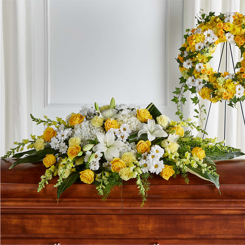 Golden Harmony Casket Spray – Sammy Wammy Floral, Montgomery IL