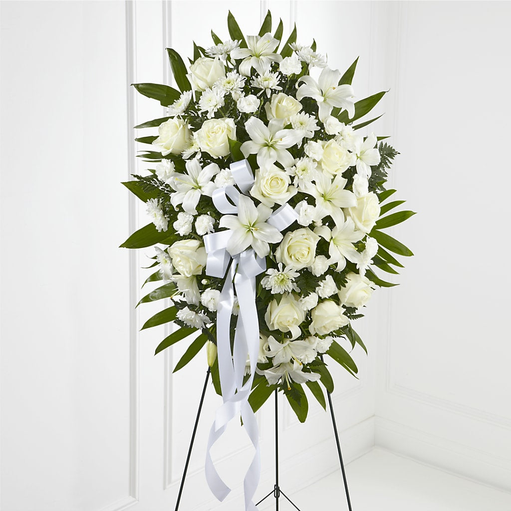 Exquisite Tribute Standing Spray-White Ribbon – Sammy Wammy Floral, Montgomery IL