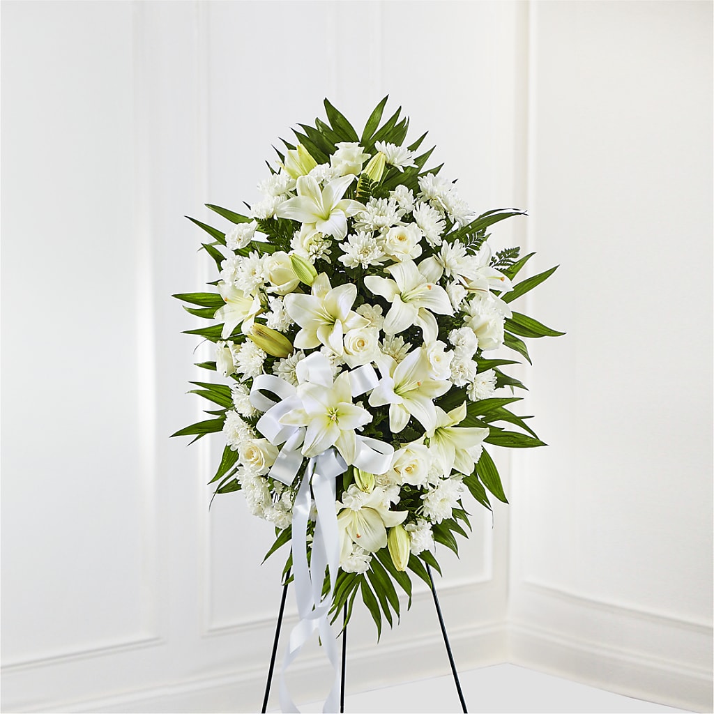 Exquisite Tribute Standing Spray-White Ribbon – Sammy Wammy Floral, Montgomery IL